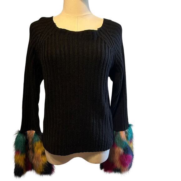 Say What? Sweater Black SZ Med Faux Colorful Fur at Cuffs Grunge Y2K Whimsygoth - Picture 2 of 8